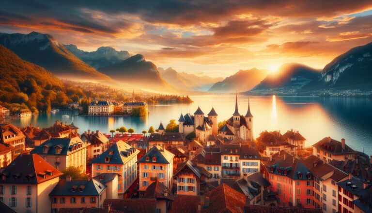 Vue panoramique d'Annecy en A, Lac Annecy, Alpes en fond, charme de la vieille ville.