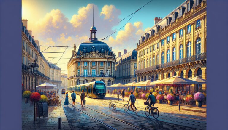 Vue ensoleillée de Bordeaux : tram, piétons, vélos, fleurs, terrasses animées, vieux bâtiments, Garonne et ciel bleu.