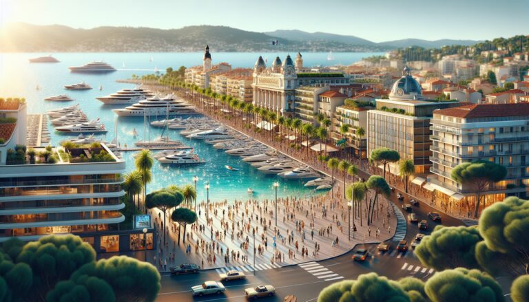 Vue panoramique de Cannes, avec le Palais des Festivals, la Croisette, le port et les collines verdoyantes.
