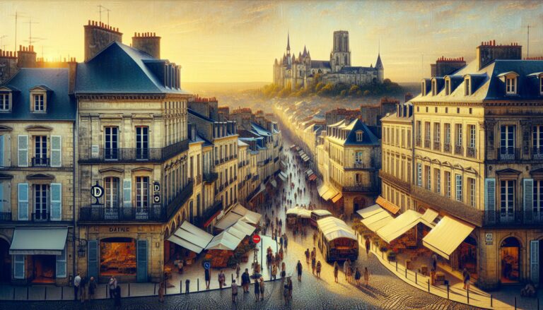 Ville française en D avec place animée, église en pierre et marché coloré, coucher de soleil chaleureux.