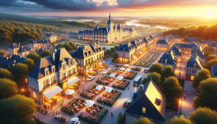 Ville française en F - Château de Fontainebleau, rues pittoresques, jardin fleuri, café en terrasse, forêt en arrière-plan.