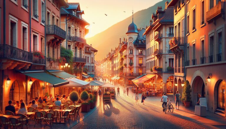 Ville française en G : Charmante vue de rue à Grenoble, France, avec le soleil couchant illuminant l'architecture historique.