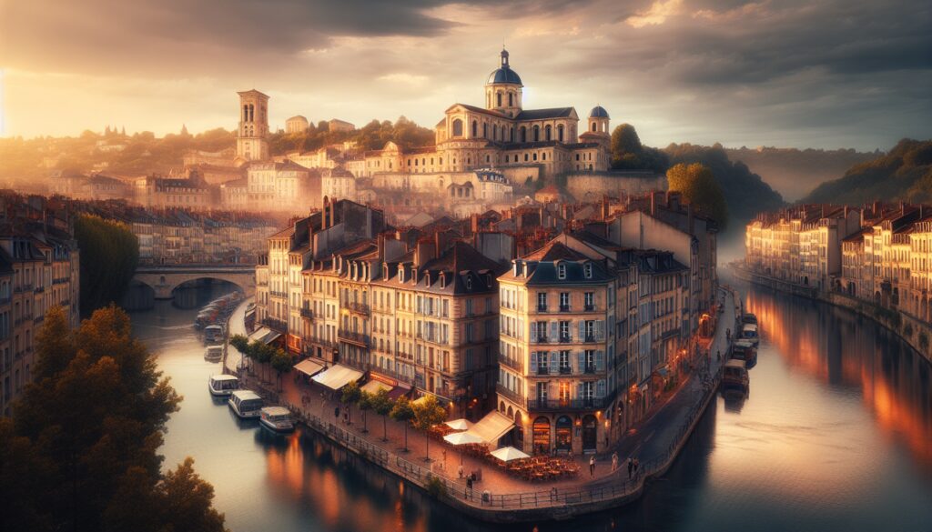 Ville de Lyon au coucher du soleil, Saône, Basilique Notre-Dame de Fourvière, mélange architecture Renaissance et vie urbaine moderne, détails riches et textures, reflets sur l'eau.