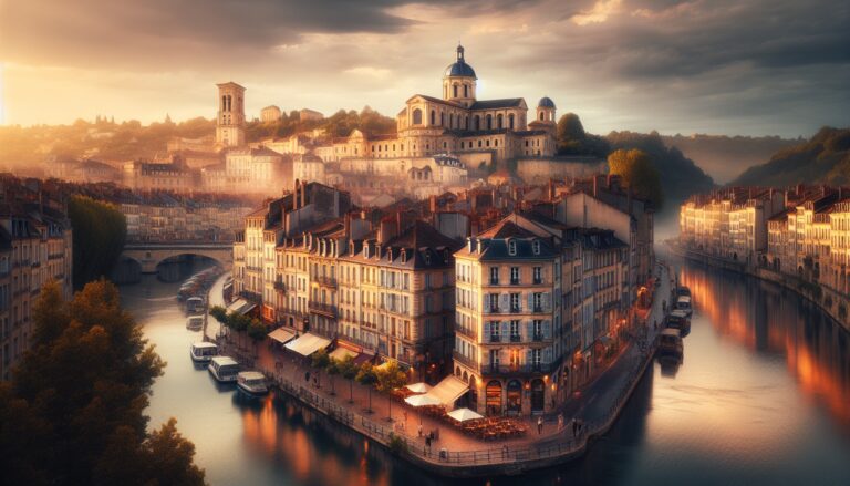 Ville de Lyon au coucher du soleil, Saône, Basilique Notre-Dame de Fourvière, mélange architecture Renaissance et vie urbaine moderne, détails riches et textures, reflets sur l'eau.