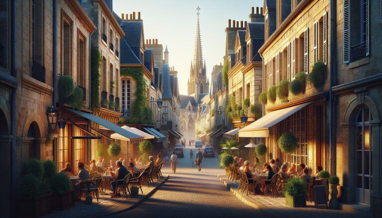 Vue ensoleillée de Montpellier, France : rue charmante avec bâtiments en pierre, terrasses animées et cathédrale au loin.