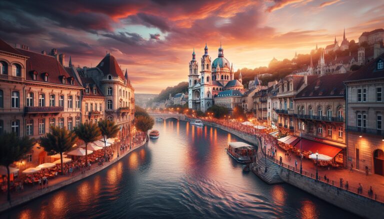 Ville française en O : Vue panoramique de la ville historique d'Orléans au coucher du soleil.