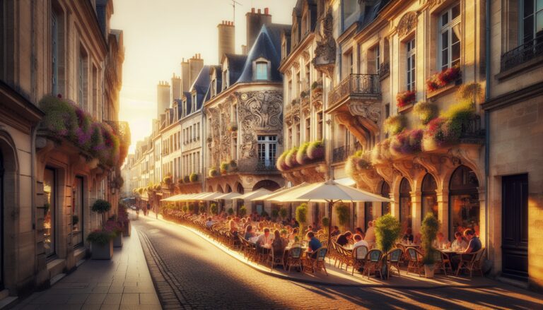 Ville française en Poitiers au coucher du soleil, rues pavées animées.