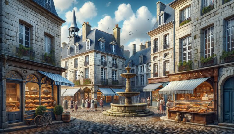 Ville française en Q avec place animée et boulangerie traditionnelle.