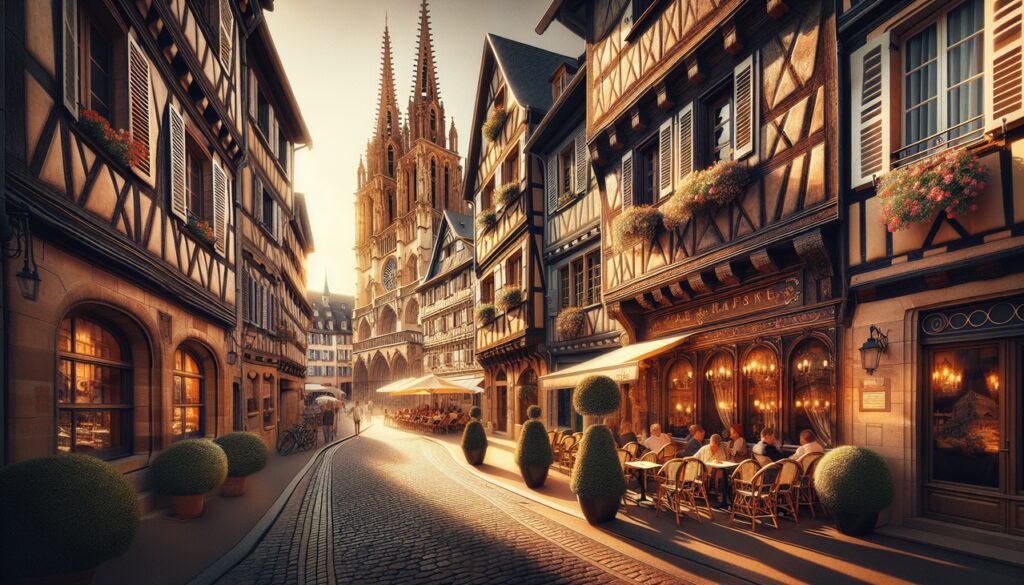 Photo haute-résolution d'une charmante rue de Strasbourg, en France, avec la Cathédrale en arrière-plan.
