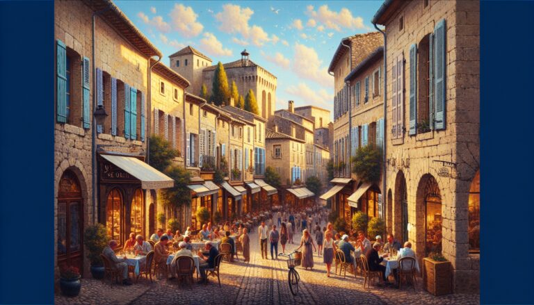 Ville française en U, rue ensoleillée avec maisons en pierre, volets colorés, pavés, terrasses animées.