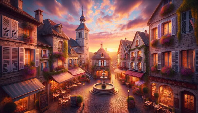 Ville française en V au coucher du soleil, place pavée animée avec fontaine et cafés, église en arrière-plan.