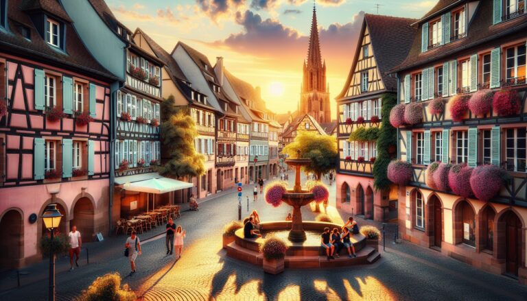 Ville française en W - Coucher de soleil estival sur Wissembourg : rues sereines, bâtiments pastel, pavés, locaux profitant de la soirée près d'une fontaine historique en place centrale, entourés de fleurs et d'architecture distinctive.