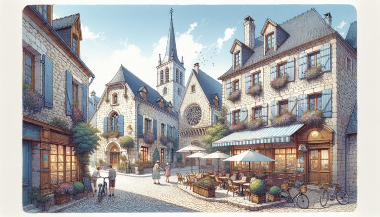 Ville française en X avec maisons en pierre, rues pavées, église et café en terrasse.