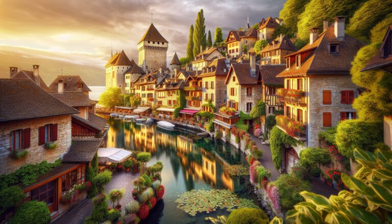 Ville française en Y - Village pittoresque d'Yvoire avec ses bâtiments médiévaux, rues charmantes et reflet dans le lac Léman au coucher du soleil.