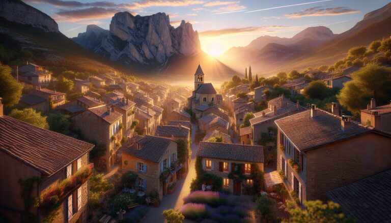 Ville française en Z : village charmant au lever du soleil, maisons en pierre, rues pavées, montagnes en arrière-plan.