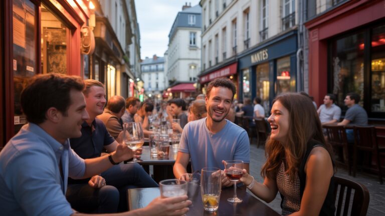 Scène réaliste d'une rue animée à Nantes avec des bars en terrasse et des gens profitant d'une soirée conviviale.