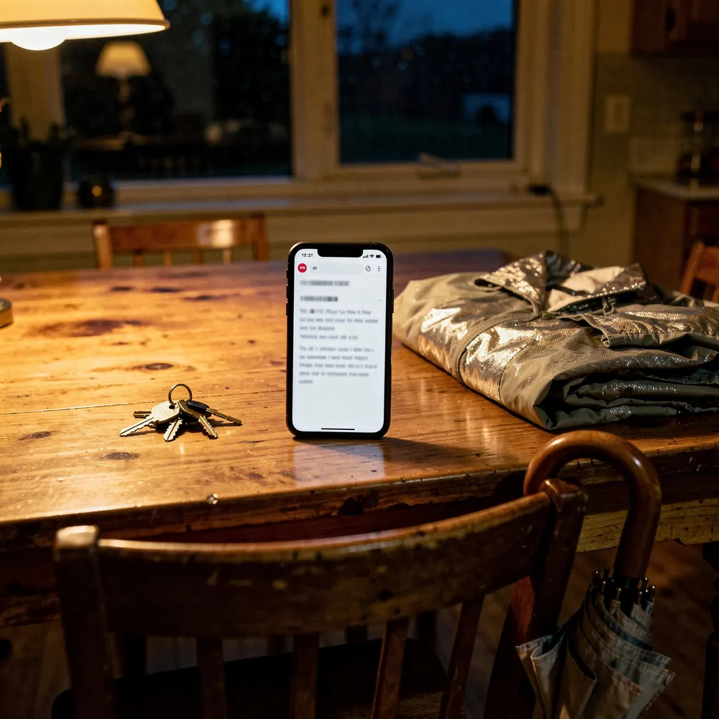 Une table de cuisine le soir, un téléphone affichant le bulletin, une veste de pluie et un parapluie