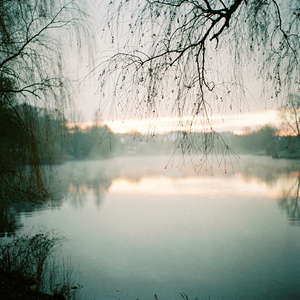 L’Erdre au petit matin en automne, brume basse sur l’eau et lumière rasante