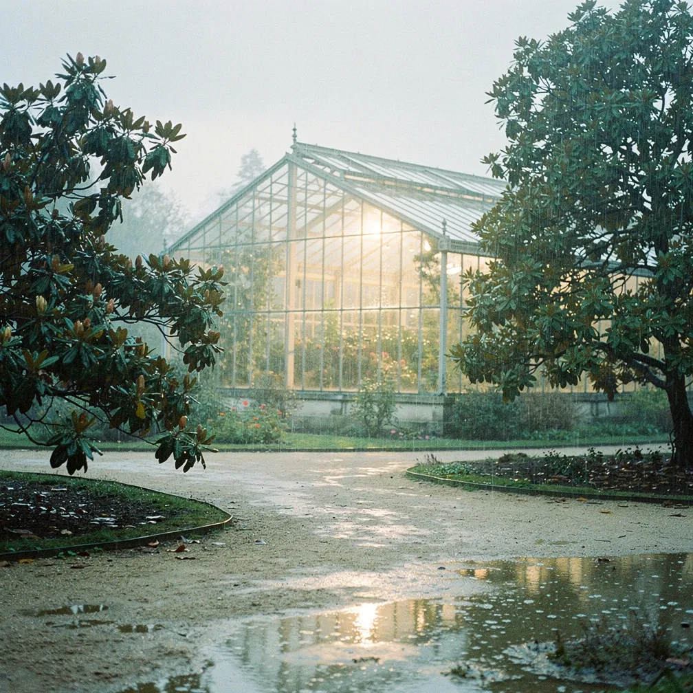 Le Jardin des Plantes de Nantes après une averse, allées mouillées et serre au soleil bas