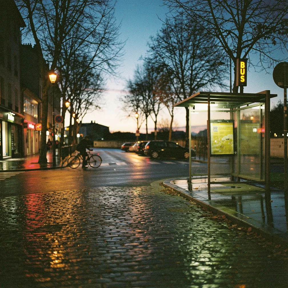 Une rue de Nantes à la tombée du jour, pavés mouillés et vitrines allumées